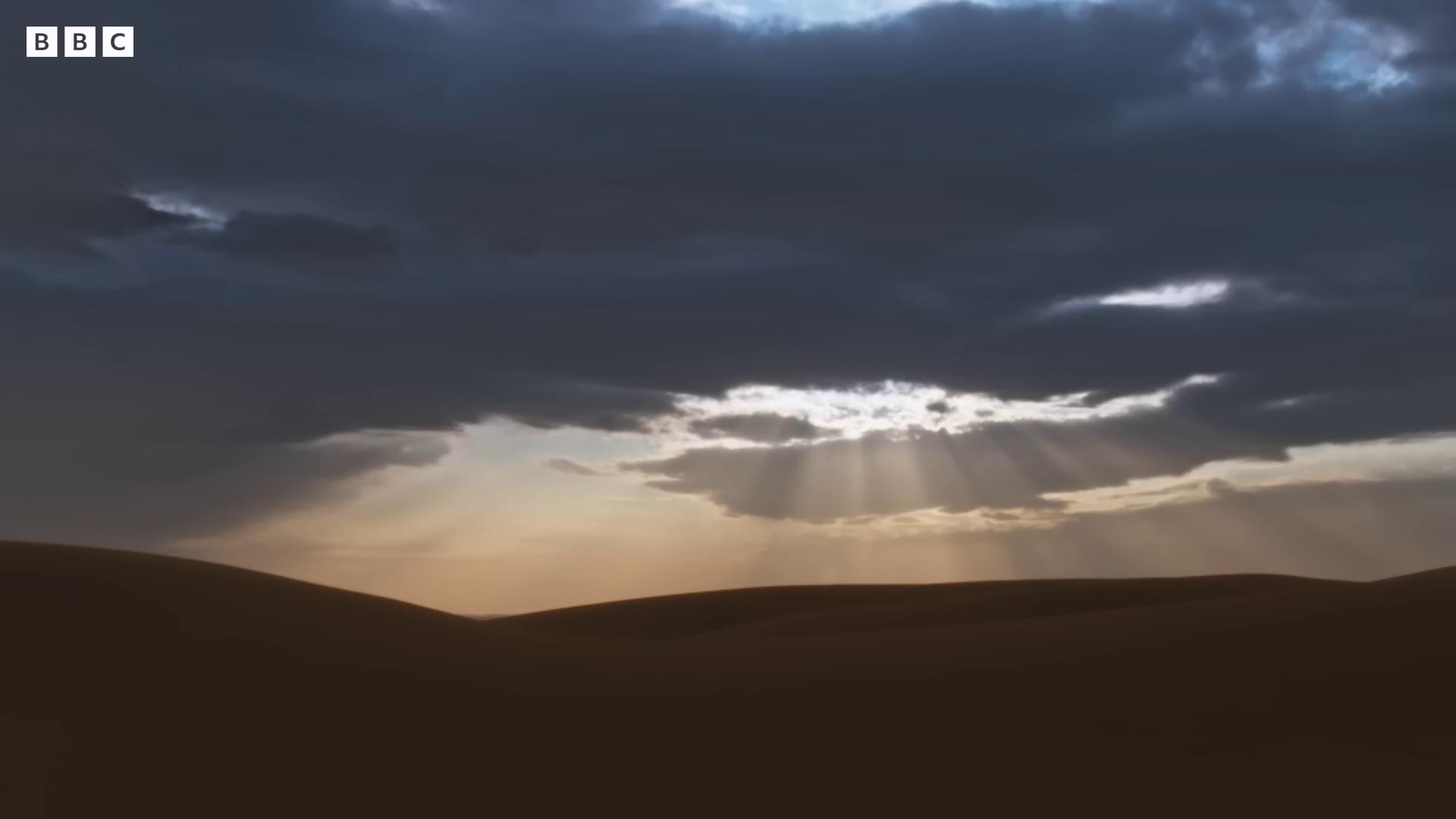 the sun is shining through the clouds in the desert cinematic silk road lanscape dark desert background barren sands 3 d cinematic volumetric light 3d cinematic volumetric light journey thatgamecompany natural volumetric light unreal engine 5 render dramatic cinematic smooth unreal engine barren desert landscape epic cinematic matte painting dusty unreal engine